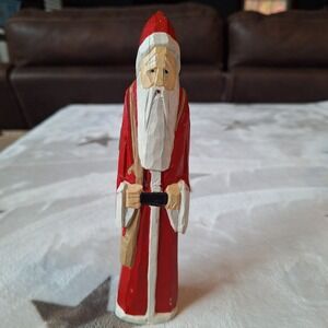 Christmas Folk Art Thin Standing Santa Figurine 8"  Tall Wooden Primitive